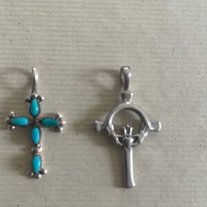 Lot of 2 Silver and Turquoise Cross Pendants